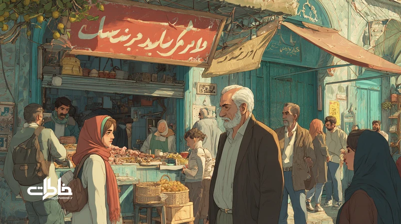 تصویر مفهومی از لهجهها و گویشهای محلی ایران در بازار، حیاط شیرازی، صف نانوایی و اتوبوس؛ نقش لهجه در هویت و خاطرات جمعی