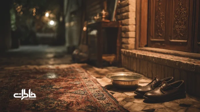 آستانهٔ خانه ایرانی با نور ملایم، کفش‌ها کنار در و کاسهٔ آب؛ نماد تعارف، خداحافظی و خاطرات دمِ در در سینما و ادبیات.