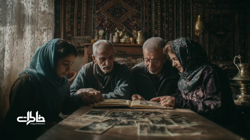 خانواده‌ای ایرانی دور میز با دفتر خاطرات خانوادگی باز، عکس‌های قدیمی، قاب نقره‌ای و سماور؛ صحنه‌ای نوستالژیک برای ساخت یادگاری ماندگار بچه‌ها