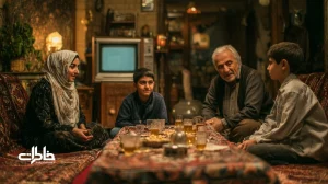 خانواده ایرانی در شب تماشا؛ گریه امن و خنده جمعی کنار تلویزیون با چای شیرین، نشان‌دهنده نقش فیلم و سریال در تخلیه عاطفی و صمیمیت خانگی