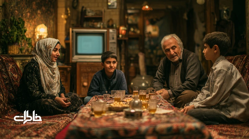 خانواده ایرانی در شب تماشا؛ گریه امن و خنده جمعی کنار تلویزیون با چای شیرین، نشان‌دهنده نقش فیلم و سریال در تخلیه عاطفی و صمیمیت خانگی