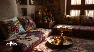 نشیمن ایرانیِ بدون مبل با پشتی‌های گل‌دوزی و کوسن‌های رنگی دورِ سینی چای، نور گرم و قالیچه دست‌باف؛ الهام از زمین‌نشینی هوشمند