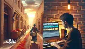 تصویر مفهومی از نواهای محلی ایران؛ چاووشی در کوچهٔ سنتی و ری‌میکس اینستاگرامی در اتاق مدرن، با نشانه‌های دوتار، دف و موج‌های صوتی برای القای حافظهٔ صوتی و نوستالژی. مجله خاطرات