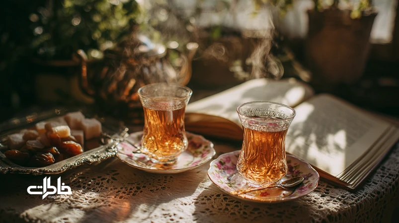 استکان‌های پایه‌دار پر از چای کهربایی روی نعلبکی‌های گل‌سرخی در نور عصر؛ سینی ساده، قوری کوچک و حال‌وهوای نوستالژیک چای عصرانهٔ ایرانی