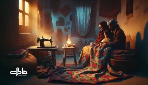 تصویر لحاف دست‌دوز مادر با نور گرم چراغ نفتی؛ نمادی از گرمای نوستالژیک، صمیمیت خانوادگی و حافظهٔ عاطفی خانهٔ ایرانی