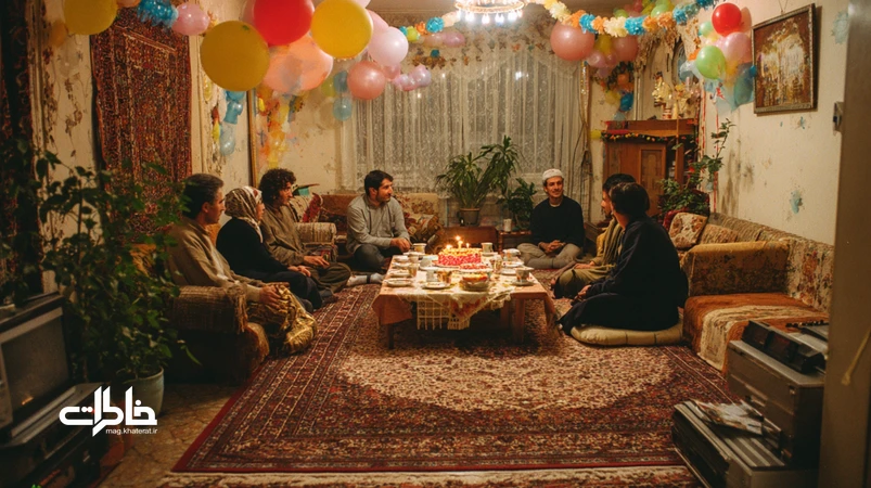 تولد خانگی ایرانی با بادکنک‌های کم‌باد، شرشره‌های کاغذی، سفرهٔ تولد روی فرش و خانوادهٔ چندنسلی در نور زرد لامپ.مجله خاطرات