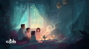 صحنه‌ای از خانه ایرانی در نیمه‌شب با سماور و بخار چای، مادر در حال لالایی و همخوانی خانوادگی؛ موسیقی دل، آرامش خانه و چای دورهمی