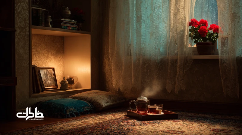 گوشه خلوت خانگی ایرانی با نور گرم، کوسن، سماور، استکان چای و گلدان شمعدانی؛ فضایی آرام برای روانشناسی پناه‌گاه کوچک و پیوند با خاطرات.