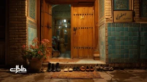 آستانه خانه ایرانی با کفش‌های مرتب دم‌در، نور ملایم و تابلوی خوشامد؛ نماد تعارف، مهمان‌نوازی و خاطرات مشترک