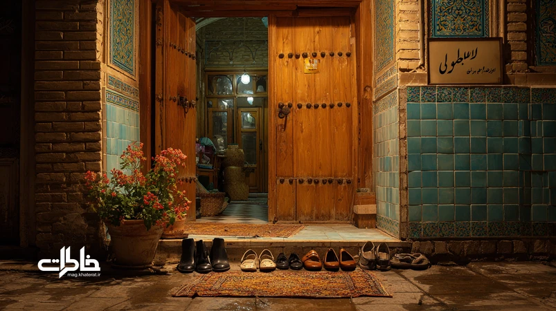 آستانه خانه ایرانی با کفش‌های مرتب دم‌در، نور ملایم و تابلوی خوشامد؛ نماد تعارف، مهمان‌نوازی و خاطرات مشترک