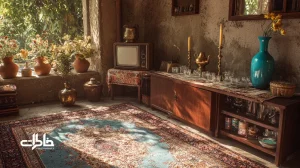 نمای داخلی خانهٔ ایرانی پیش از دیزاین مدرن با فرش دست‌باف، بوفهٔ چوبی، آینه و شمعدان، رادیو، تلویزیون جعبه‌ای و گلدان‌ها در نور حیاط