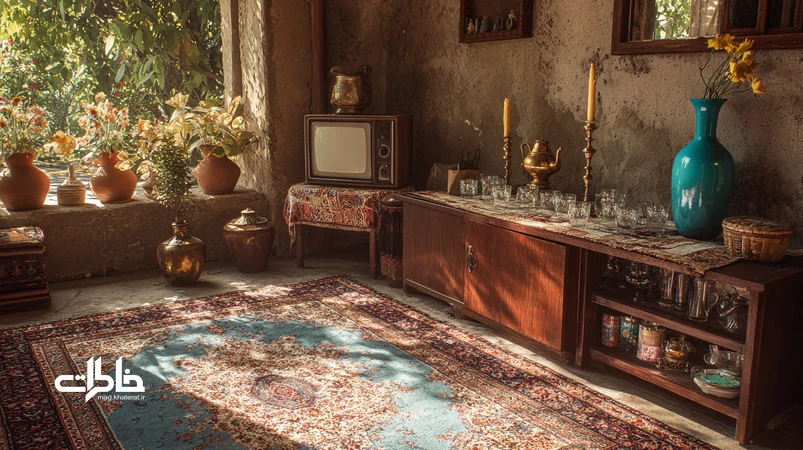 نمای داخلی خانهٔ ایرانی پیش از دیزاین مدرن با فرش دستباف، بوفهٔ چوبی، آینه و شمعدان، رادیو، تلویزیون جعبهای و گلدانها در نور حیاط