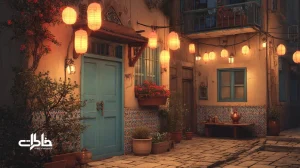 فانوس و چراغ‌های گرم در کوچهٔ ایرانی با بالکن و سماور؛ نمادی از چراغ محله، حضور و برکت در فرهنگ ایرانی.