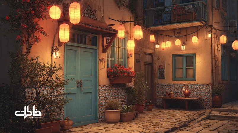 فانوس و چراغ‌های گرم در کوچهٔ ایرانی با بالکن و سماور؛ نمادی از چراغ محله، حضور و برکت در فرهنگ ایرانی.