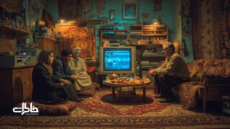اتاق پذیرایی ایرانی به‌مثابه سالن سینما با سماور بخارکنان، فرش ایرانی و خانواده در حال تماشای فیلم؛ بازآفرینی خاطرات تماشای جمعی در خانه