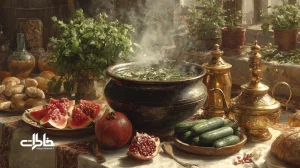 سفره و آشپزخانه‌ی ایرانی با نمادهای غذاهای فصلی: آش‌رشته‌ی بهاری، سکنجبین و هندوانه‌ی تابستانی، کدو و لبو و انار پاییزی و آبگوشت زمستانی؛ روایتی نوستالژیک از طعم‌های ایرانی.مجله خاطرات