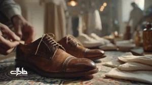 ترکیب ویترین کفش قدیمی و بوتیک مدرن با صحنه واک‌کشی؛ بازنمایی کفش ایرانی در سبک زندگی نسل جدید و پیوند خاطرات خرید با آداب نگه‌داری.