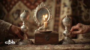 آینه و شمعدان نقره‌ای عروسی به‌عنوان یادگاری بین‌نسلی در خانه ایرانی، با نور شمع و دست‌های دو نسل