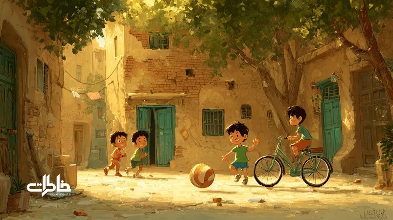 کودکان در کوچهای ایرانی زیر سایه درخت، با توپ پلاستیکی راهراه و دوچرخه بازی میکنند؛ تصویر نوستالژیک از بازیهای تابستانی و خاطرات کوچهای.مجله خاطرات