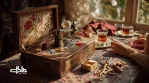 چرخ خیاطی صندوقی قدیمی در خانهٔ ایرانی با مادر و دختر، دوخت پارچهٔ گلدار کنار سینی چای؛ میراث مادرانه، انتقال مهارت خیاطی و نوستالژی خانوادگی.