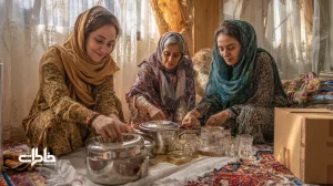 صحنه‌ای از جهیزیه‌چینی در آپارتمان ایرانی؛ دست‌ها در حال چیدن قابلمه‌های براق و استکان‌های چای روی سفره سفید؛ شروع زندگی مشترک و همدلی خانواده