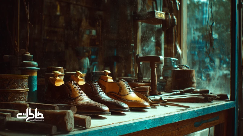 ویترین نوستالژیک فروشگاه کفش با چرم براق و حال‌وهوای «کفش ملی» در فرهنگ صنعتی و خاطرات شهری ایران