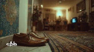 کفش ملی کنار درِ خانه با نور گرم عصر جمعه و تلویزیون روشن؛ نمادی از حضور کفش ملی در فرهنگ عامه، سینما و خاطرات جمعی ایرانی‌ها