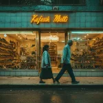 نمای خیابان تهران با ویترین فروشگاه کفش ملی و عابران شهری؛ بازگشت برند نوستالژیک به هویت شهری و خاطرات جمعی با سبک مینیمال و کفش چرمی ساده