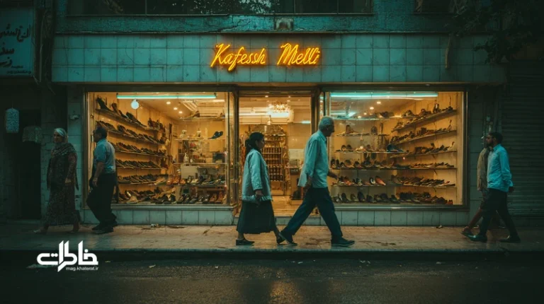 نمای خیابان تهران با ویترین فروشگاه کفش ملی و عابران شهری؛ بازگشت برند نوستالژیک به هویت شهری و خاطرات جمعی با سبک مینیمال و کفش چرمی ساده