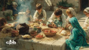 تصویر سفره ناهار تابستانی در حیاط ایرانی با سفره حصیری، بادمجان‌های کبابی روی منقل و کوزه دوغ محلی؛ نور نیم‌روز و فضای نوستالژیک.مجله خاطرات