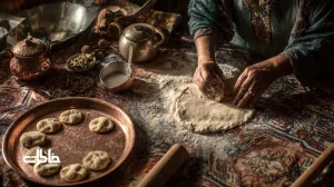 آشپزخانه کرمانی در عصرهای پیش از عید با قطاب تازه؛ آردپاشی روی سفره، سینی مسی و دست‌ها در حال پیچیدن خمیر؛ تصویری از نوستالژی نوروز و خاطرات قطاب کرمانی.مجله خاطرات