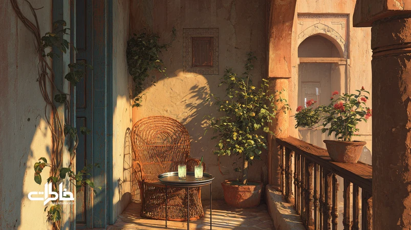 ایوان خانه خشتی با صندلی حصیری و سینی شربت به‌لیمو در عصر مرداد؛ بازنمایی نوستالژی ایوان‌نشینی در محله ایرانی