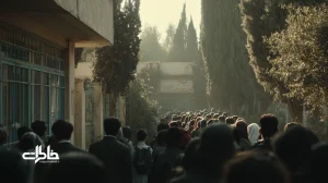 صحنه‌ای مستند از آیین آموزشی کنکور و امتحانات نهایی؛ حیاط مدرسه با سروها، صف دانش‌آموزان، والدین منتظر و نگاه به سالن امتحان؛ بازنمایی اضطراب جمعی و حافظه‌ جمعی