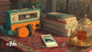 تصویر نوستالژیک از گذار موسیقی کوچه‌بازاری تا پاپ شهری در ایران با رادیوی ترانزیستوری، نوار کاست، واکمن و گوشی استریم روی قالی ایرانی؛ یادآور خاطرات شنیداری.