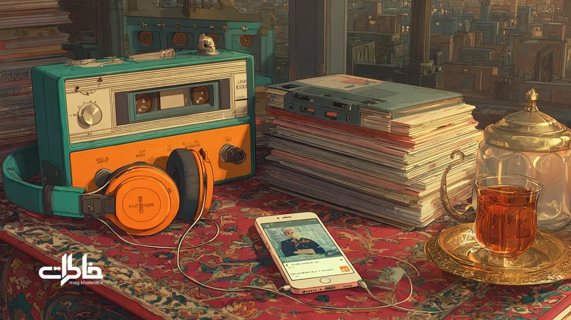 تصویر نوستالژیک از گذار موسیقی کوچهبازاری تا پاپ شهری در ایران با رادیوی ترانزیستوری، نوار کاست، واکمن و گوشی استریم روی قالی ایرانی؛ یادآور خاطرات شنیداری.