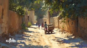 کوچه‌باغ تابستانی با دیوارهای کاه‌گلی، سایهٔ درخت توت و موتور سه‌چرخ بستنی‌فروش؛ بچه‌ها در حال دویدن و رد لاستیک روی خاک.مجله خاطرات