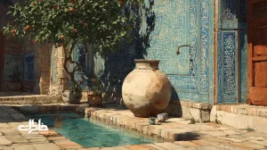 کوزه سفالی در حیاط ایرانی کنار کاشی لاجوردی؛ نماد زندگی و خاطرات، پیوند آب و خاک در فرهنگ و شعر فارسی