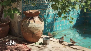 کوزه سفالی لب‌پَر در حیاط ایرانی کنار لیوان آلومینیومی زیر سایه درخت؛ نماد آب خنک، مهمان‌نوازی و خاطرات ظهر تابستان