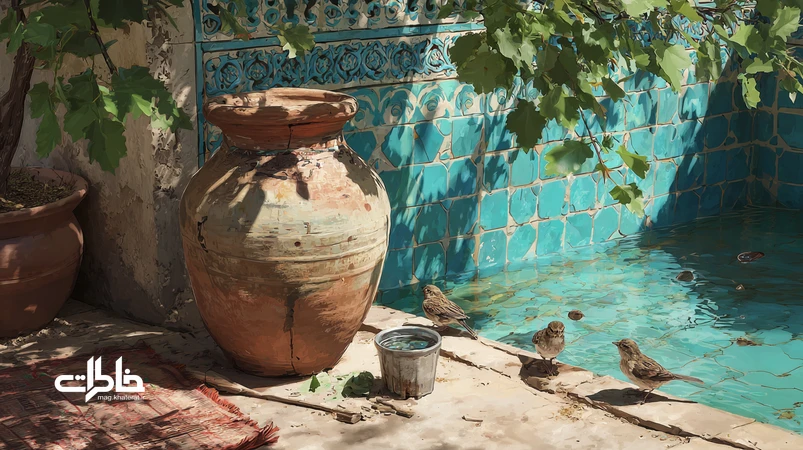 کوزه سفالی لب‌پَر در حیاط ایرانی کنار لیوان آلومینیومی زیر سایه درخت؛ نماد آب خنک، مهمان‌نوازی و خاطرات ظهر تابستان
