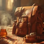 صحنه‌ای نوستالژیک از خانه ایرانی با کیف چرمی مدرسه، کمربند و ساعت بند چرمی؛ بوی چرم و حس اطمینان به برندهای ایرانی و هدیه نوروز