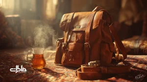 صحنه‌ای نوستالژیک از خانه ایرانی با کیف چرمی مدرسه، کمربند و ساعت بند چرمی؛ بوی چرم و حس اطمینان به برندهای ایرانی و هدیه نوروز