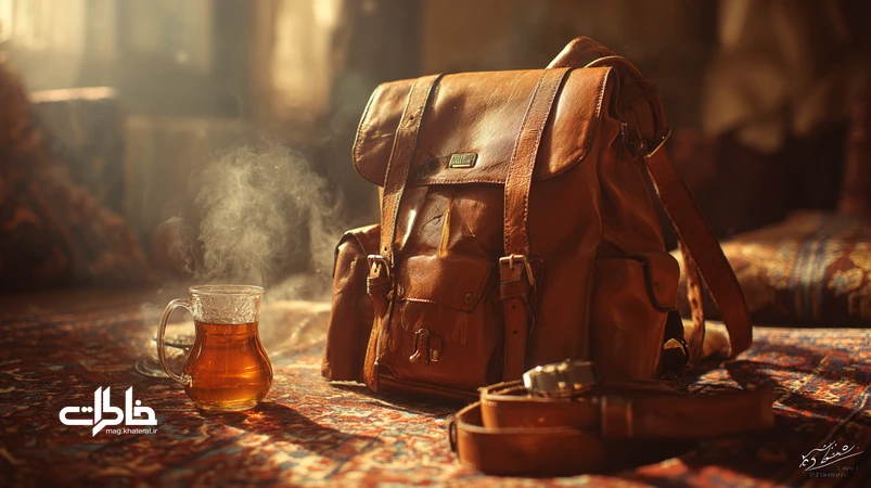 صحنه‌ای نوستالژیک از خانه ایرانی با کیف چرمی مدرسه، کمربند و ساعت بند چرمی؛ بوی چرم و حس اطمینان به برندهای ایرانی و هدیه نوروز