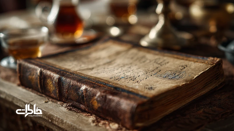 نمای نزدیک از دفتر ازدواج چرمی ایرانی با جلد قهوه‌ای، امضاهای جوهری و مهر برجسته روی کاغذهای کاهی؛ صحنه‌ای نوستالژیک از ثبت عشق‌ها