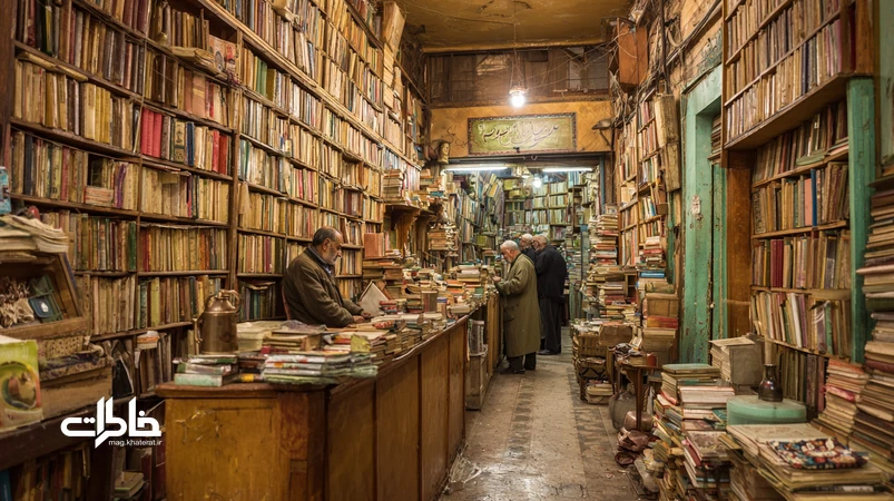 کتاب‌فروشی محلی با قفسه‌های چوبی و کتاب‌های دست‌دوم، حضور دانش‌آموز و دانشجو و معلم؛ فضایی گرم با بوی کاغذ کهنه و پاتوق گفت‌وگو.مجله خاطرات