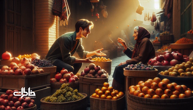 بازارچهای ایرانی با سبدهای حصیری پر از میوههای محلی مثل انار، خرمالو و ازگیل؛ گفتوگوی صمیمی نسل جدید با فروشندهٔ روستایی؛ حس نوستالژی و بازگشت به طعمهای بومی.