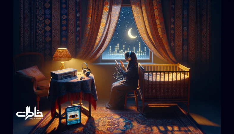 تصویر شاخص لالاییهای محلی برای خوابِ بیاسترس؛ اتاق ایرانی در شب با مادرِ در حال زمزمه، گهواره، هدفون و پلیلیست نواهای بومی ایران