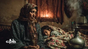 صحنه‌ای نوستالژیک از لالایی‌های محلی ایران؛ مادربزرگ در نور چراغ نفتی کنار سماور برای خواب کودک زیر لحاف دست‌دوز می‌خواند؛ میراث شفاهی و خاطرات خانوادگی