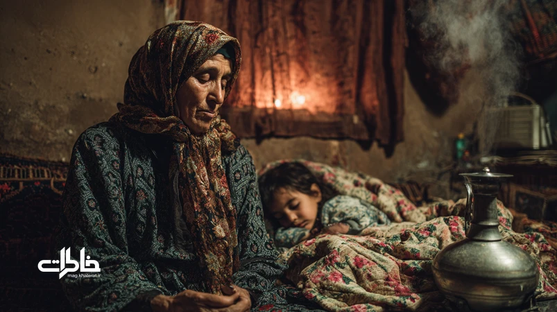 صحنهای نوستالژیک از لالاییهای محلی ایران؛ مادربزرگ در نور چراغ نفتی کنار سماور برای خواب کودک زیر لحاف دستدوز میخواند؛ میراث شفاهی و خاطرات خانوادگی