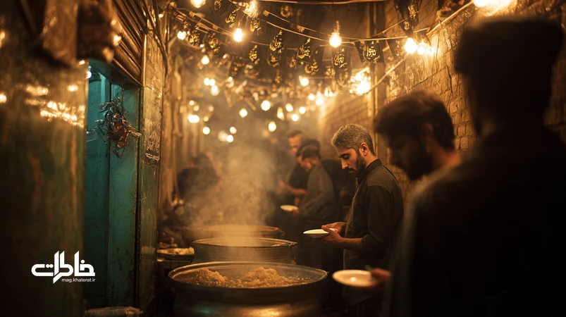 کوچه ایرانی در محرم با نذر و چراغانی، سینه‌زنی و همسایه‌ها که غذا توزیع می‌کنند؛ بازنمایی صمیمیت محله و شکل‌گیری حافظه جمعی.