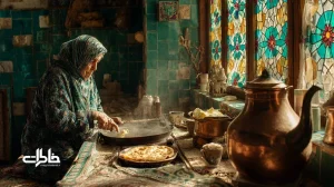 صبحانه‌ محلی در خانه‌ مادرجون با کره‌ دست‌زده، نان تابه‌ای و سماور ذغالی؛ فضایی نوستالژیک از خانه‌ ایرانی قدیم و آیین صبحگاهی.مجله خاطرات